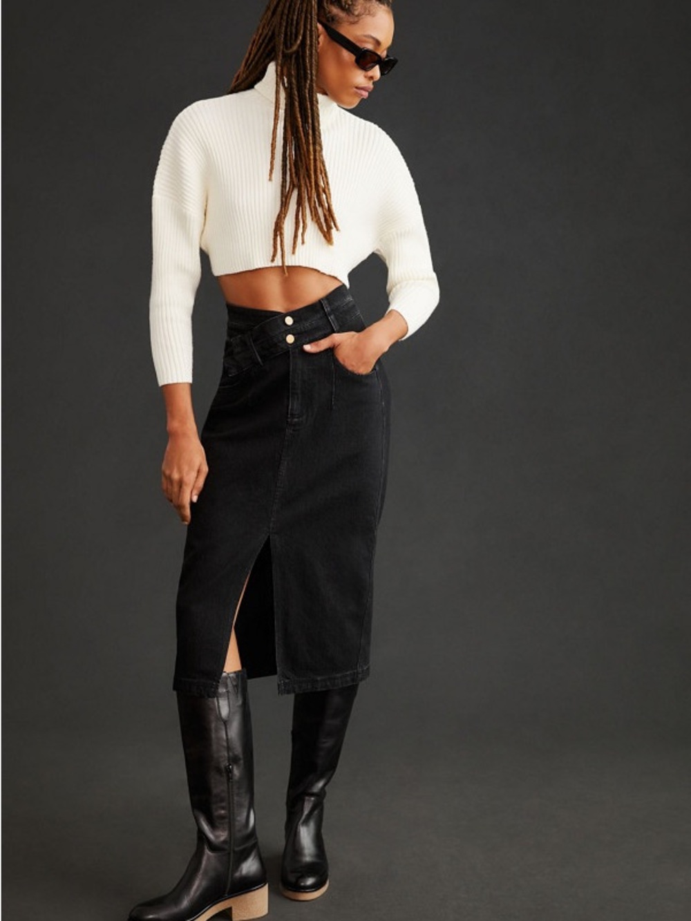 NEW Anthropologie Arden Double-Waist Black Denim Midi Skirt by Pilcro Size 14 - Picture 4 of 13